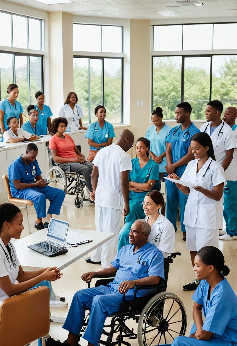 A collage representing various types of insurance plans, blending visuals of health professionals assisting patients in rehabilitation, a shield symbolizing protection, and medical equipment. The background should include a calm and supportive environment, emphasizing hope and recovery. Include vibrant colors to convey positivity and assurance. super-realistic. vibrant colors. uplifting tones.