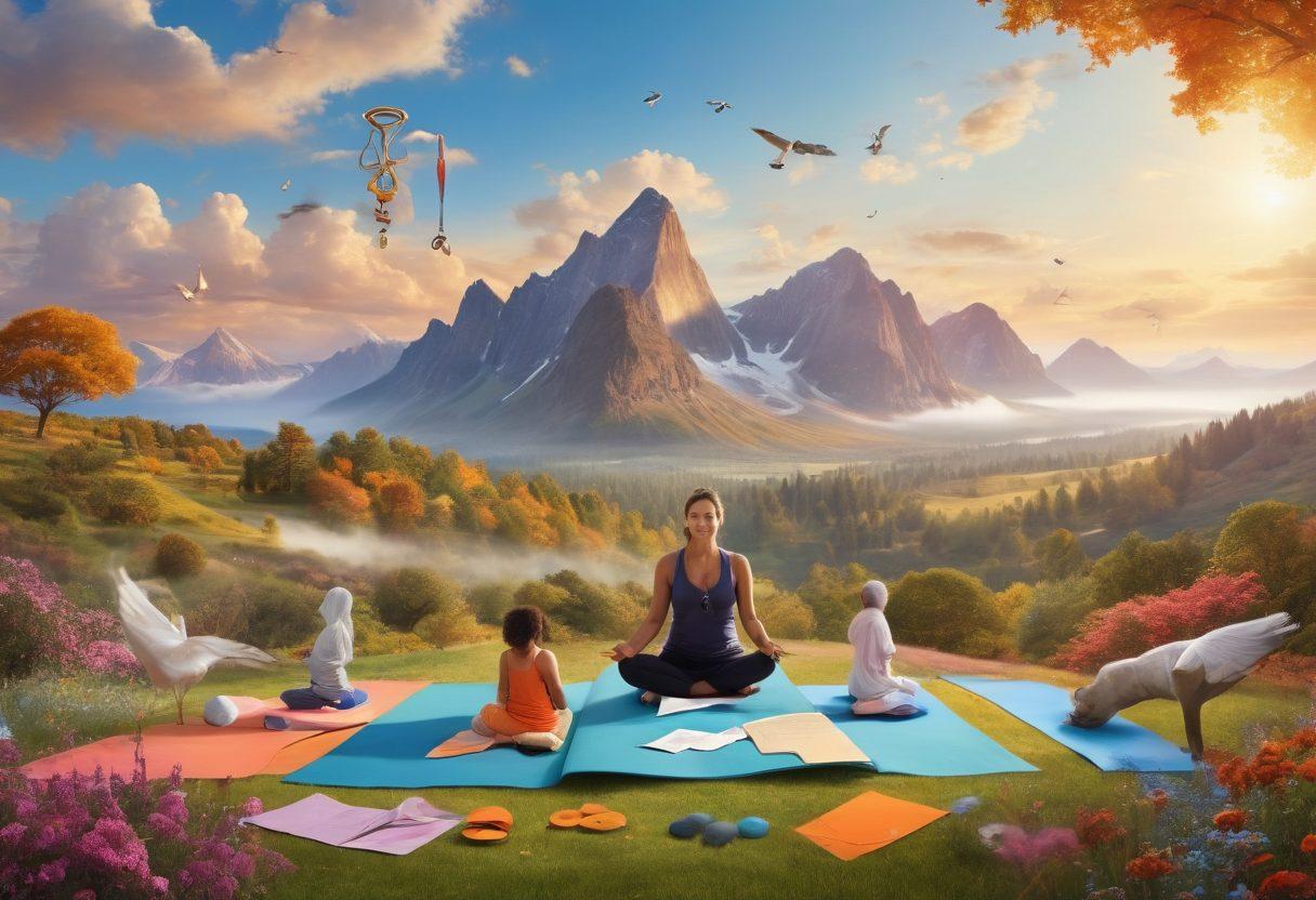 A visually engaging collage showing diverse individuals engaging in various recovery activities, such as yoga, physical therapy, and meditation, surrounded by symbols of health insurance like policy documents and a stethoscope. The backdrop features a serene landscape representing wellness and support. Bright, uplifting colors and positive imagery underscore the theme of health and recovery. super-realistic. vibrant colors.